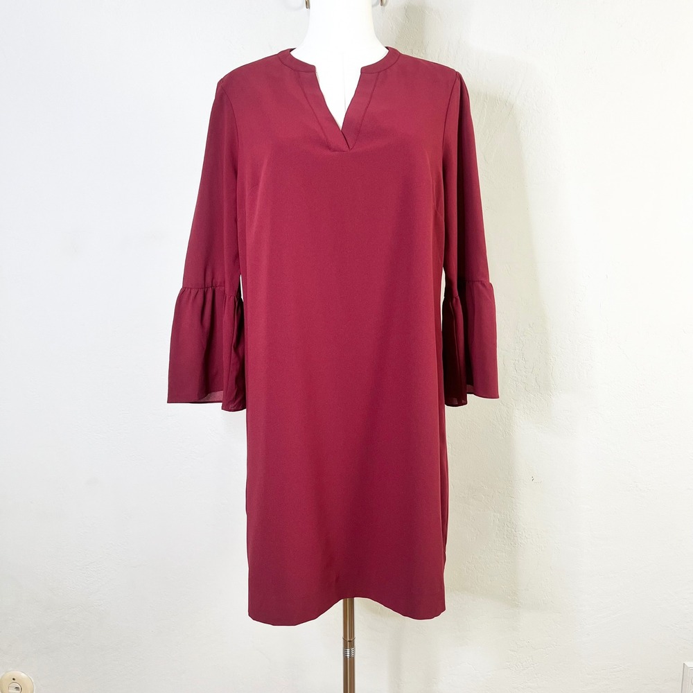 J. Crew Factory Burgundy‎ Bell Sleeve V Neck Shift Dress Knee Length Size 6